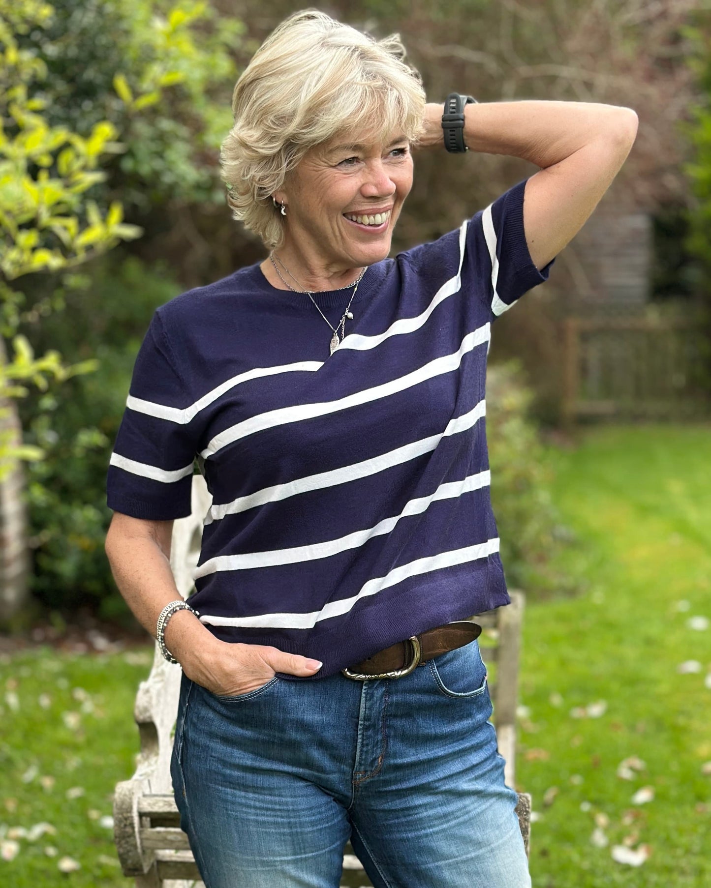 Clothing Soft Knit Striped Short Sleeve Jumper - Navy