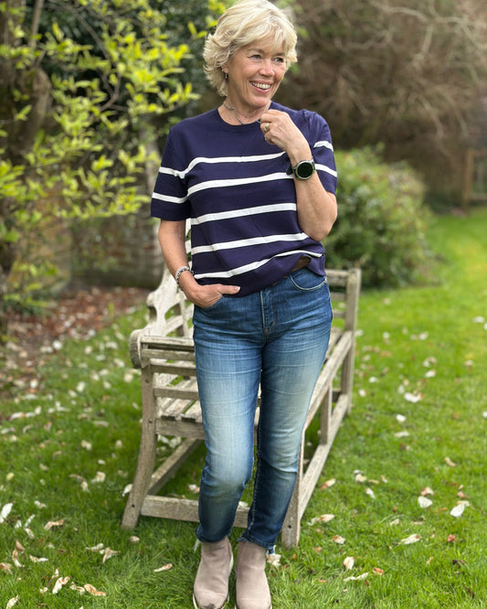 Clothing Soft Knit Striped Short Sleeve Jumper - Navy