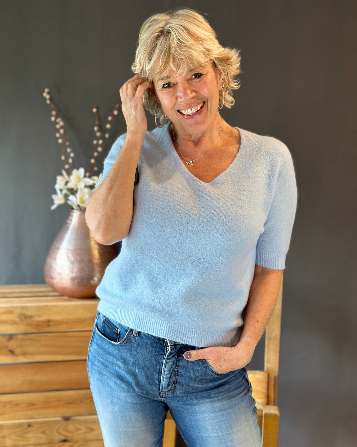 Clothing Soft Knit V Neck Short Sleeve Jumper - Baby Blue