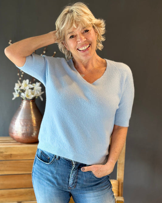 Clothing Soft Knit V Neck Short Sleeve Jumper - Baby Blue