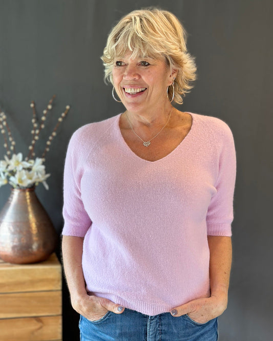 Clothing Soft Knit V Neck Short Sleeve Jumper - Pale Pink