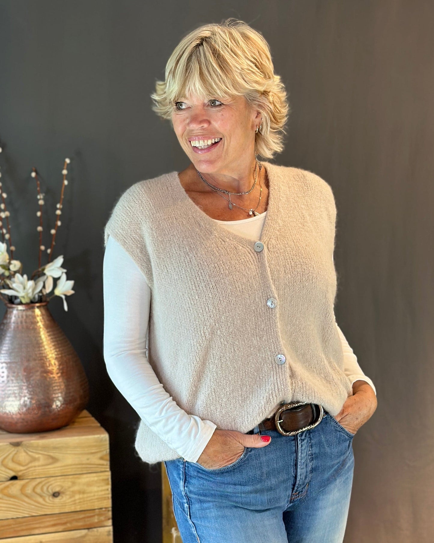 Clothing Soft Knit V-Neck Sleeveless Alpaca Cardigan - Beige