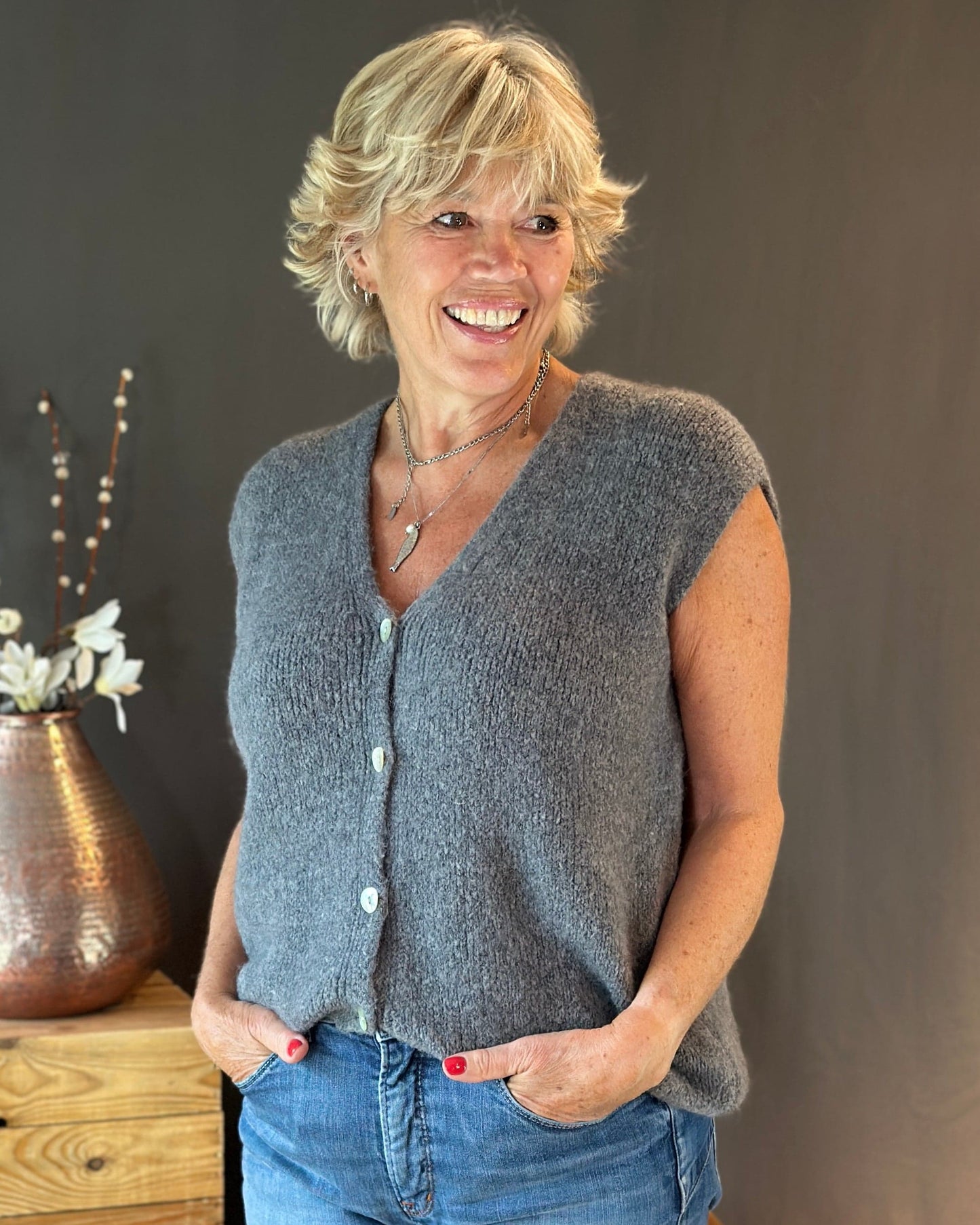 Clothing Soft Knit V-Neck Sleeveless Alpaca Cardigan - Charcoal