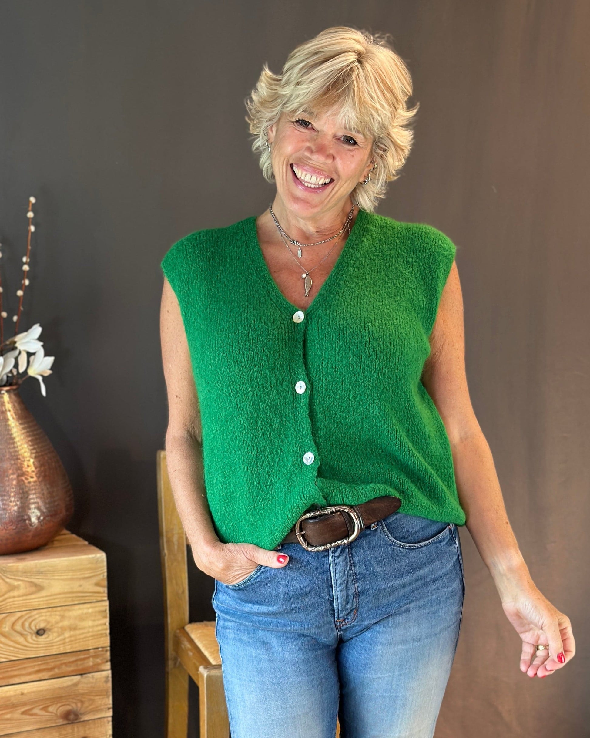 Clothing Soft Knit V-Neck Sleeveless Alpaca Cardigan - Emerald Green