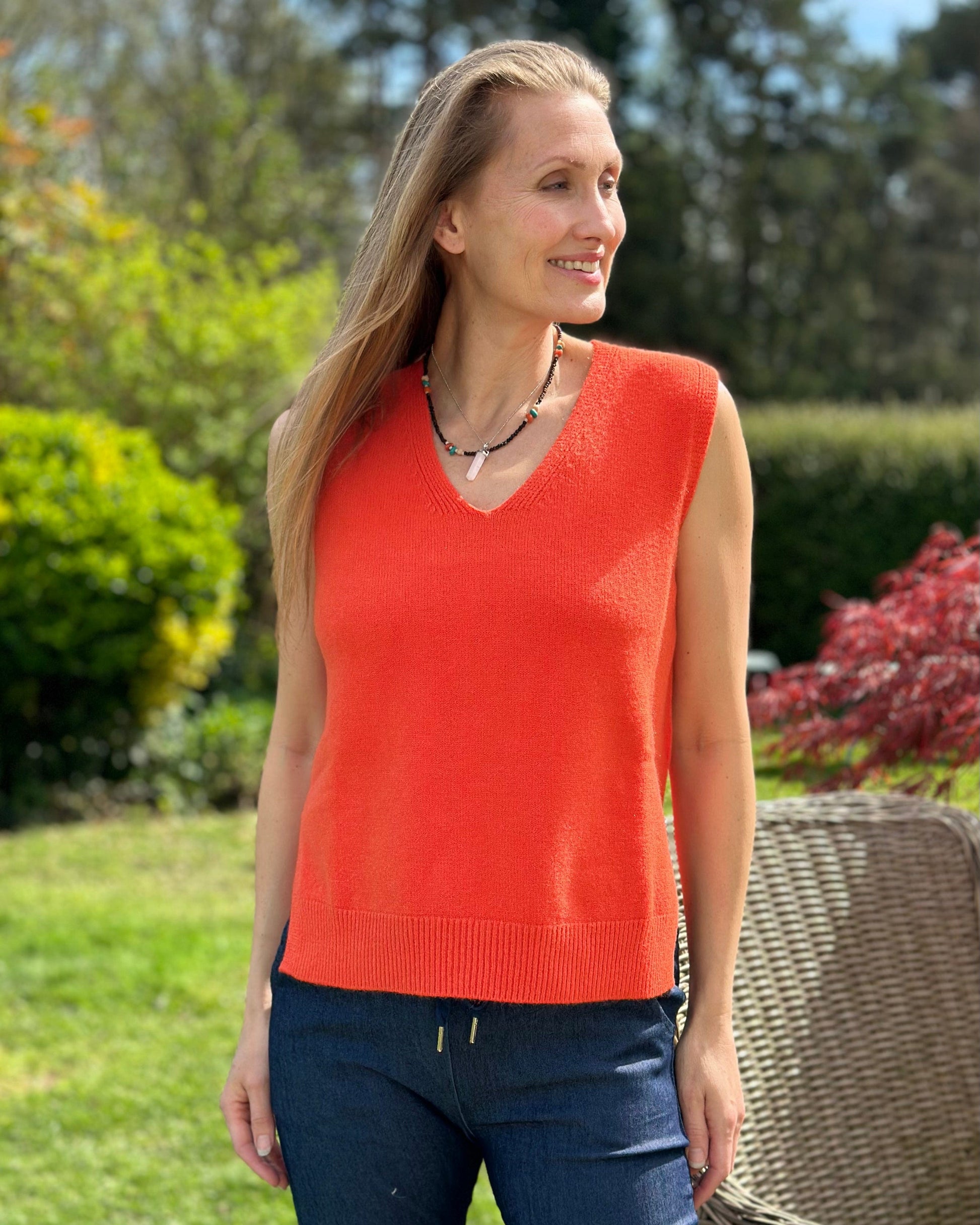 clothing Soft Knit V-Neck Sleeveless Tank Top - Orange