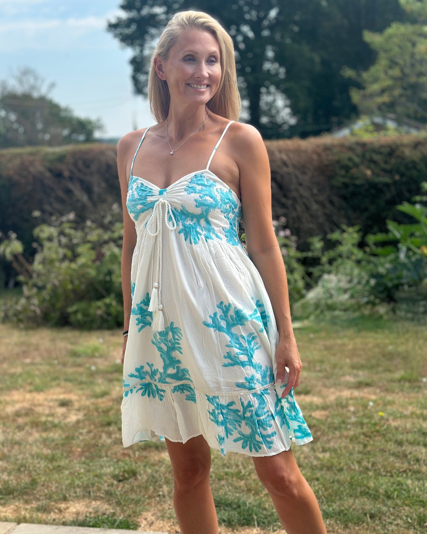 Clothing Spaghetti Strap Sundress - Turquiose/White