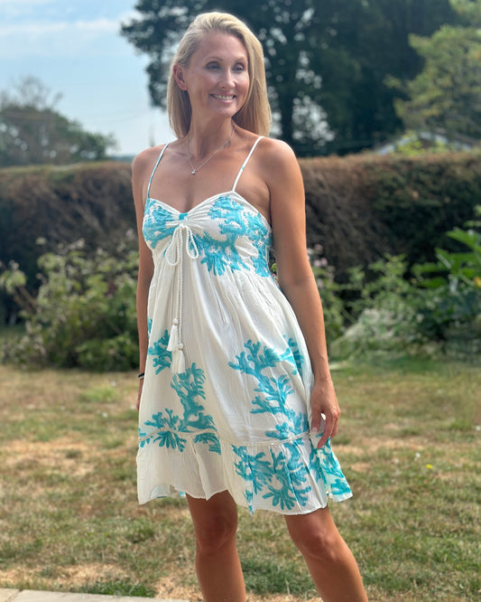 Clothing Spaghetti Strap Sundress - Turquiose/White
