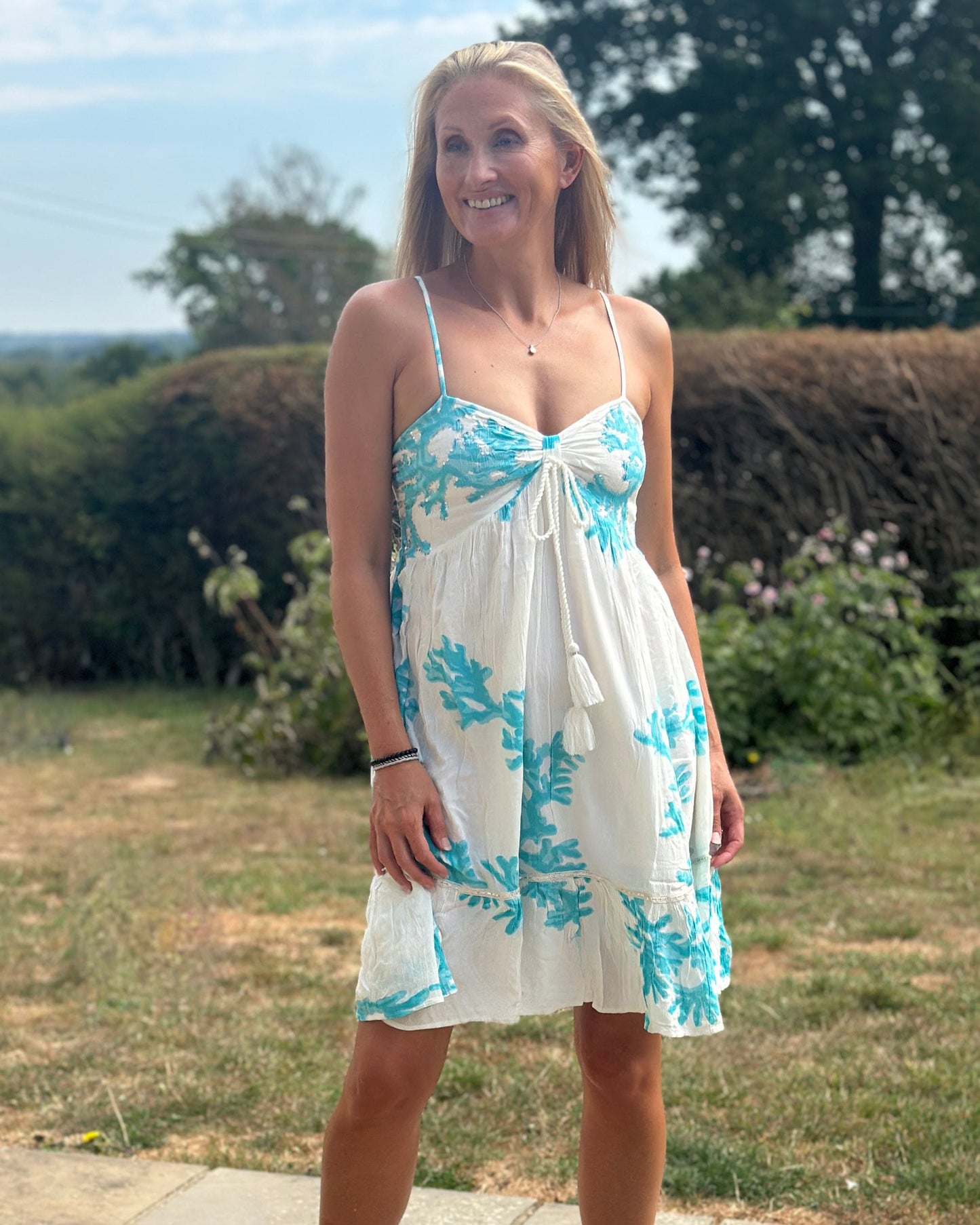 Clothing Spaghetti Strap Sundress - Turquiose/White