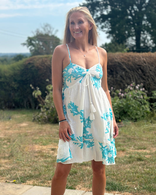 Clothing Spaghetti Strap Sundress - Turquiose/White
