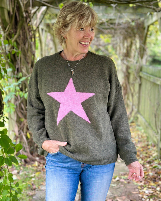 clothing Star Jumper - Khaki/Pink