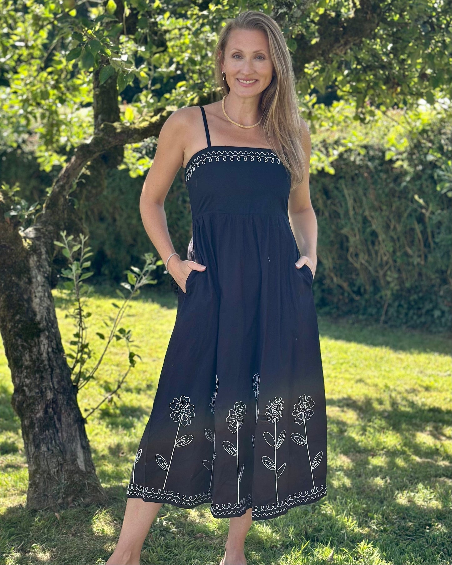 Clothing Strappy Floral Embroidered Cotton Dress - Black