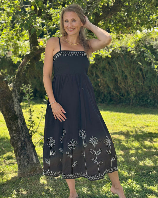 Clothing Strappy Floral Embroidered Cotton Dress - Black