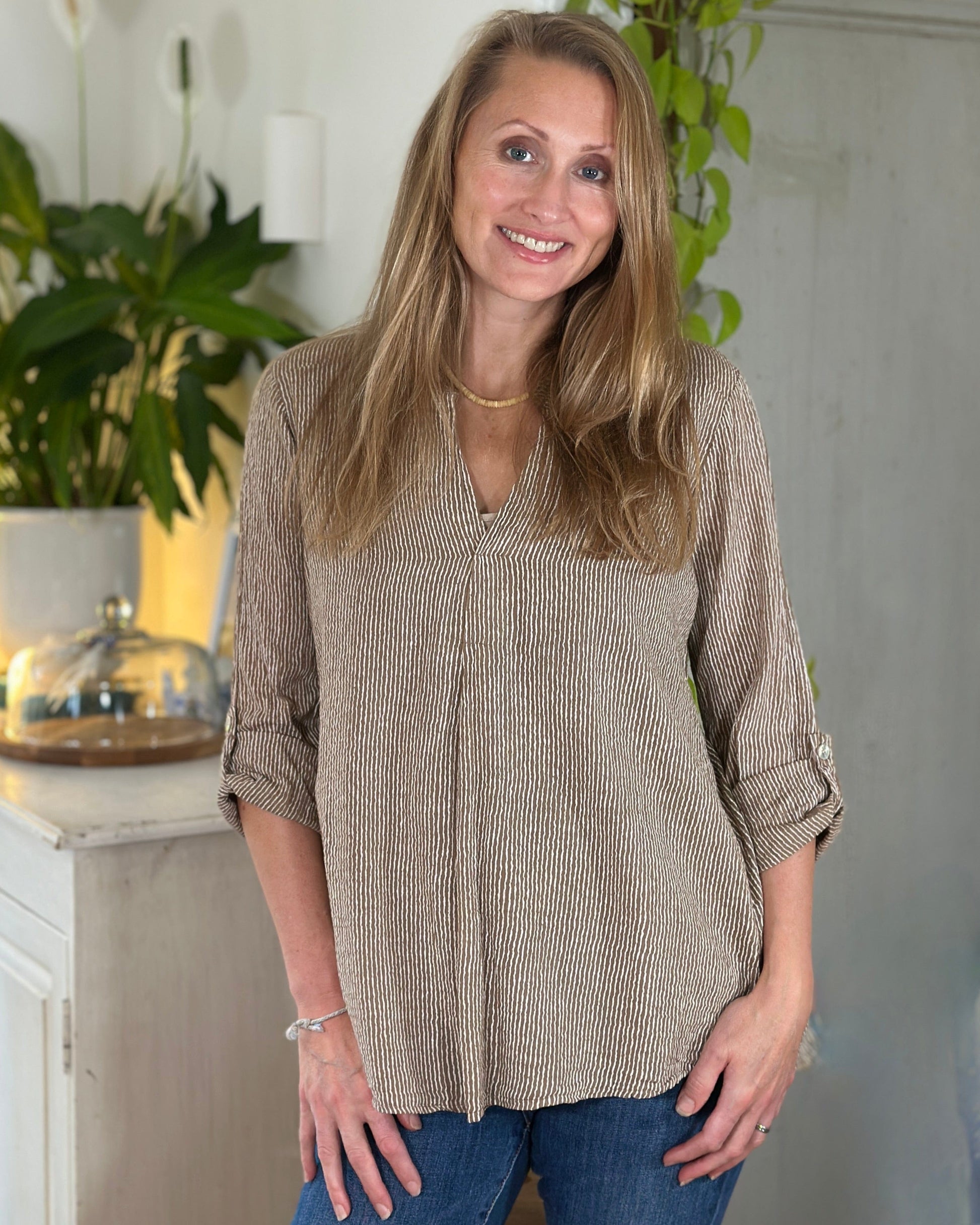 clothing Stripe Cotton Shirt - Mocha/White