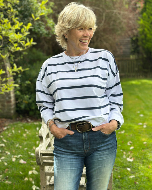 clothing Striped Crew Neck Sweatshirt - Navy/White