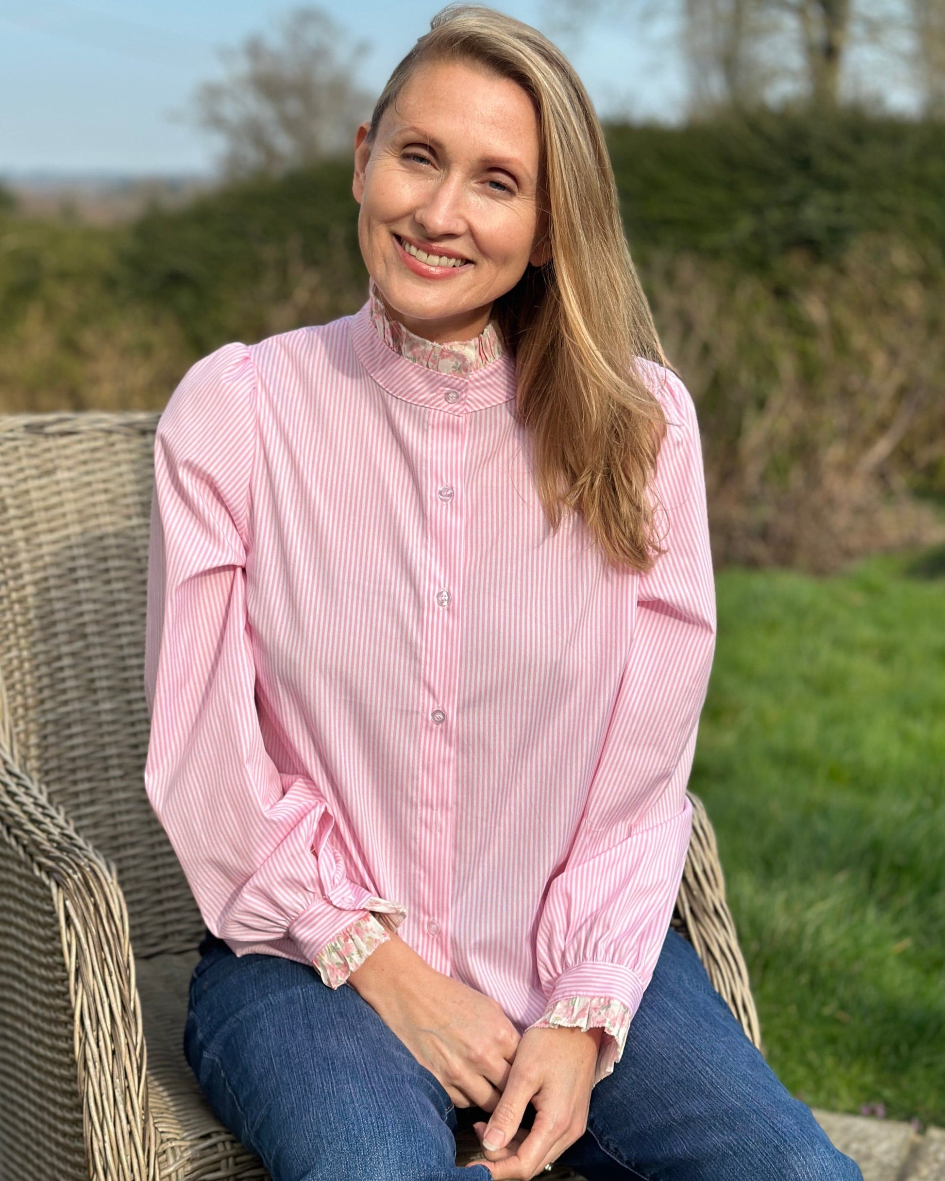 Clothing Striped Frilled Collar Blouse - Pink/White