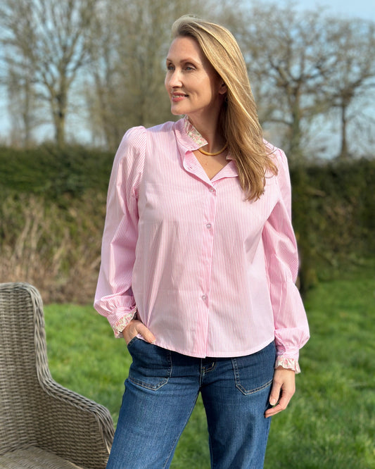 Clothing Striped Frilled Collar Blouse - Pink/White