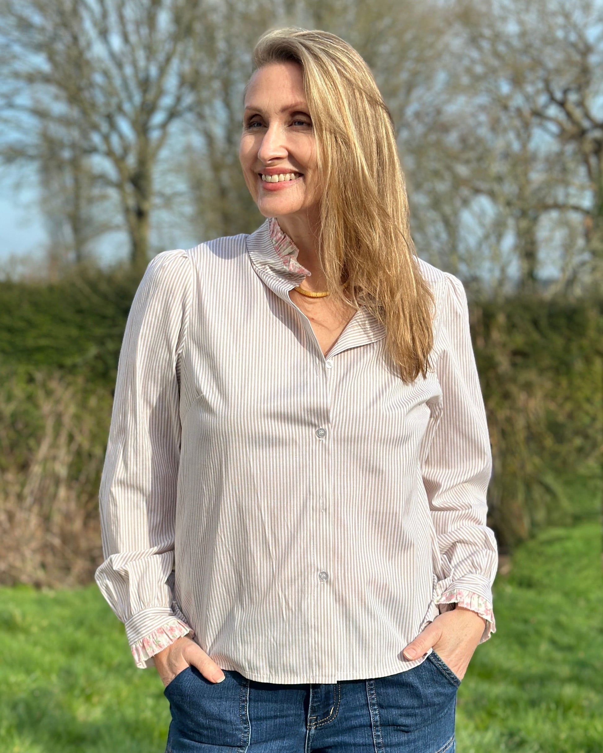 Clothing Striped Frilled Collar Blouse - Taupe/White