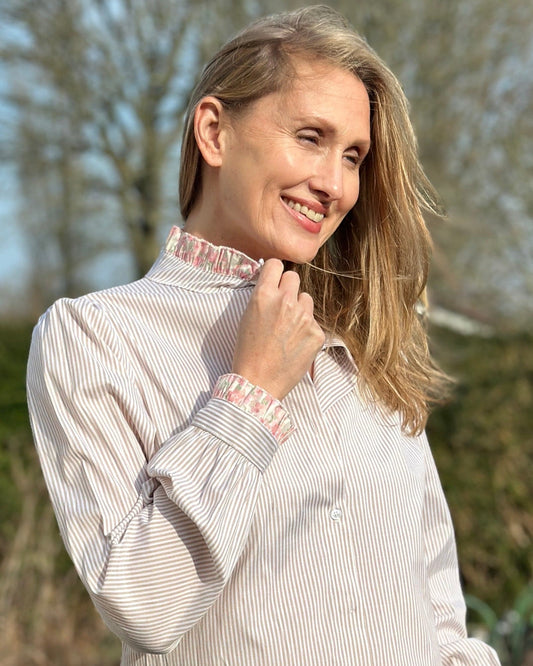 Clothing Striped Frilled Collar Blouse - Taupe/White