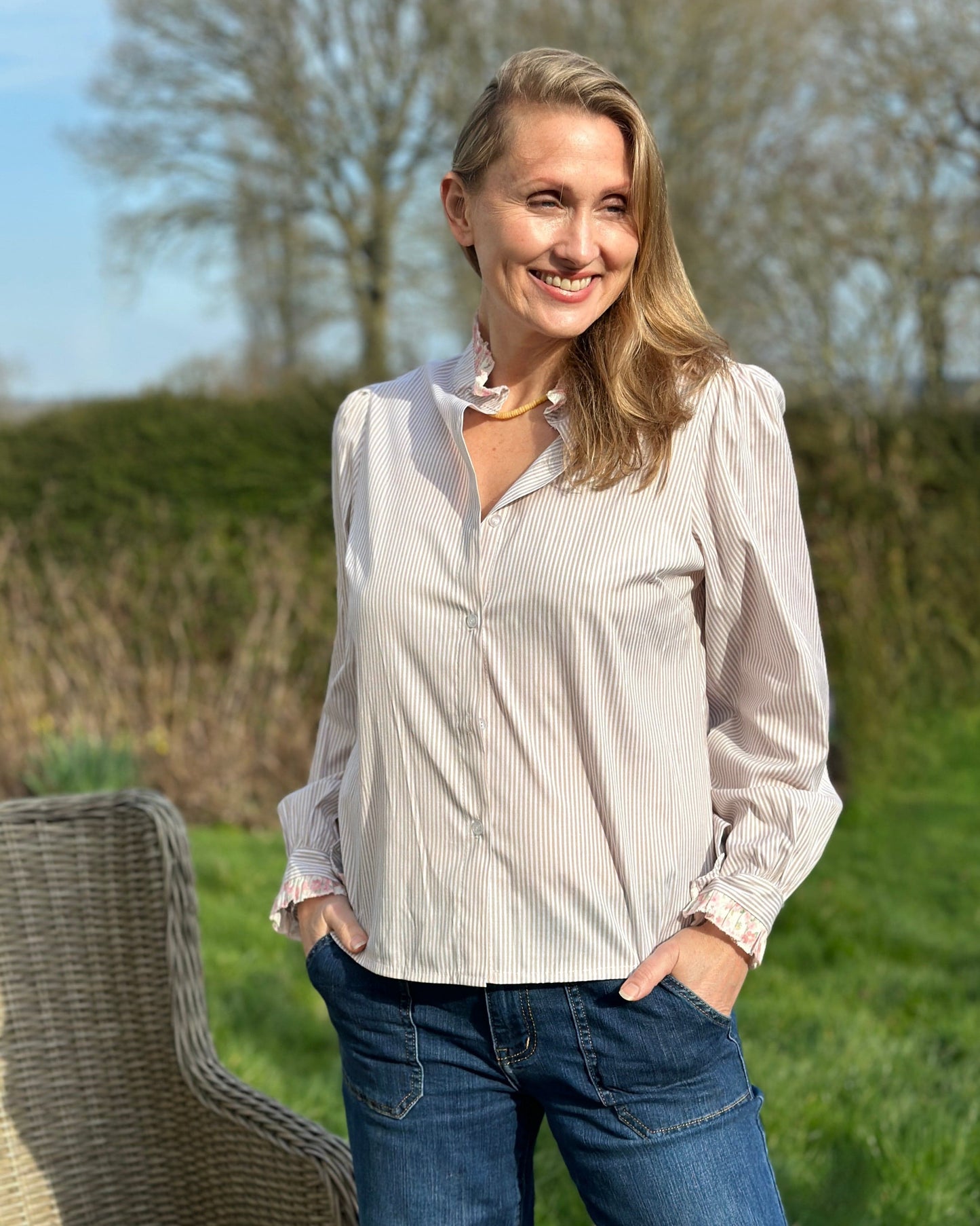 Clothing Striped Frilled Collar Blouse - Taupe/White