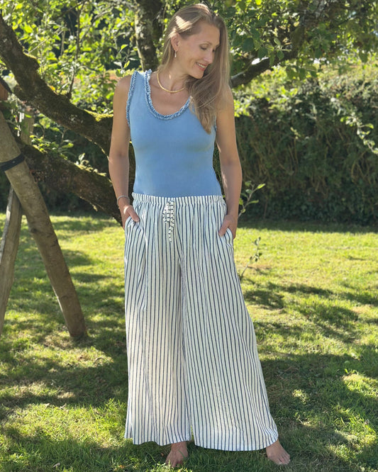Clothing Striped Linen Wide Leg Trousers - Denim/White