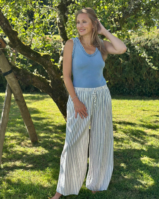 Clothing Striped Linen Wide Leg Trousers - Denim/White
