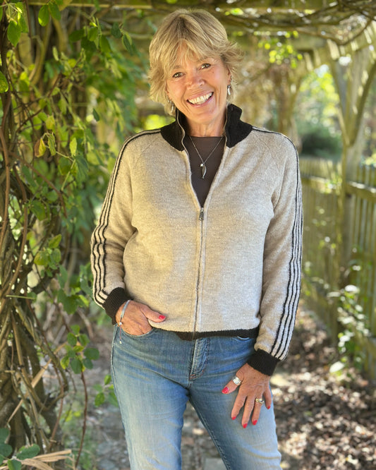 Clothing Striped Sleeve Zip Cardigan - Oatmeal/Brown