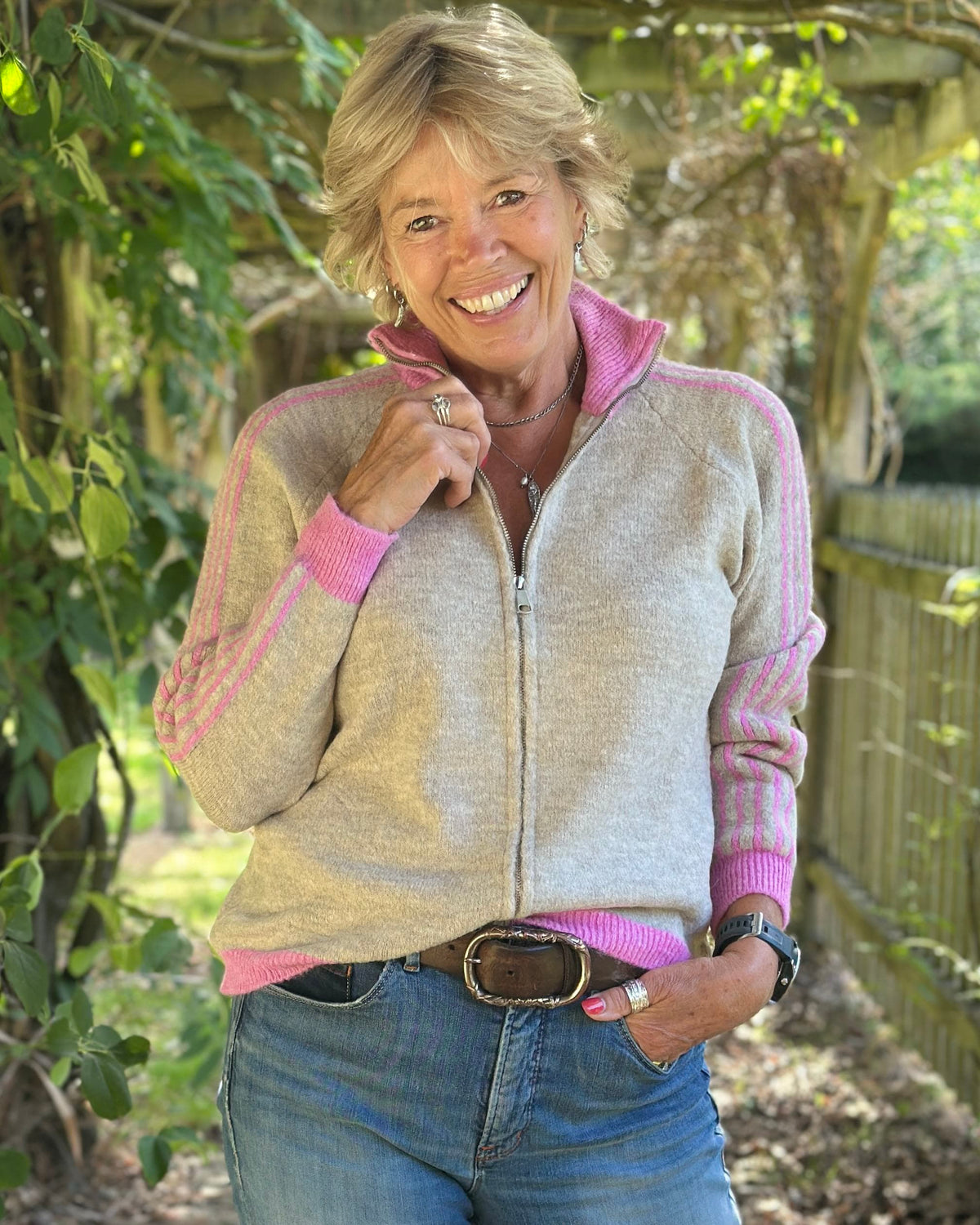 Clothing Striped Sleeve Zip Cardigan - Pink/Beige