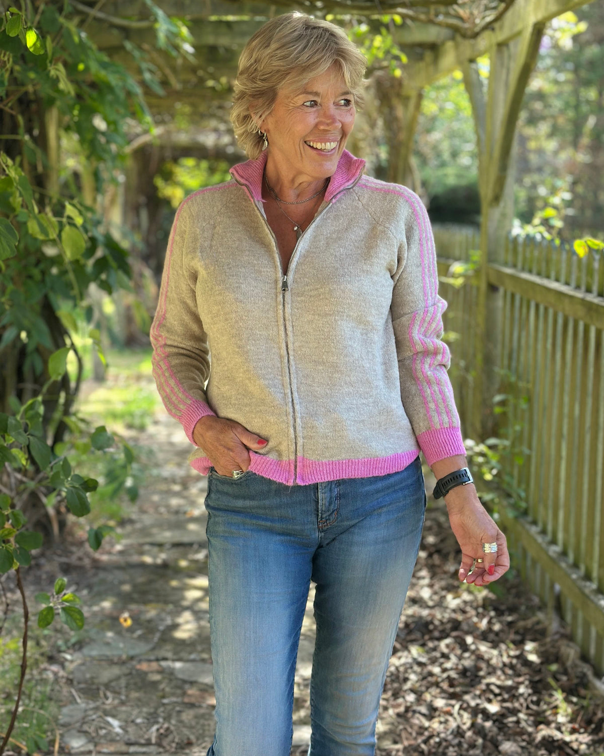 Clothing Striped Sleeve Zip Cardigan - Pink/Beige