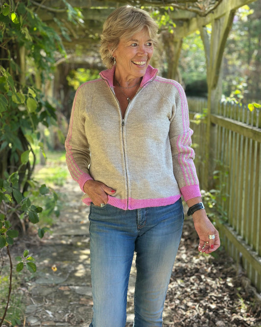 Clothing Striped Sleeve Zip Cardigan - Pink/Beige