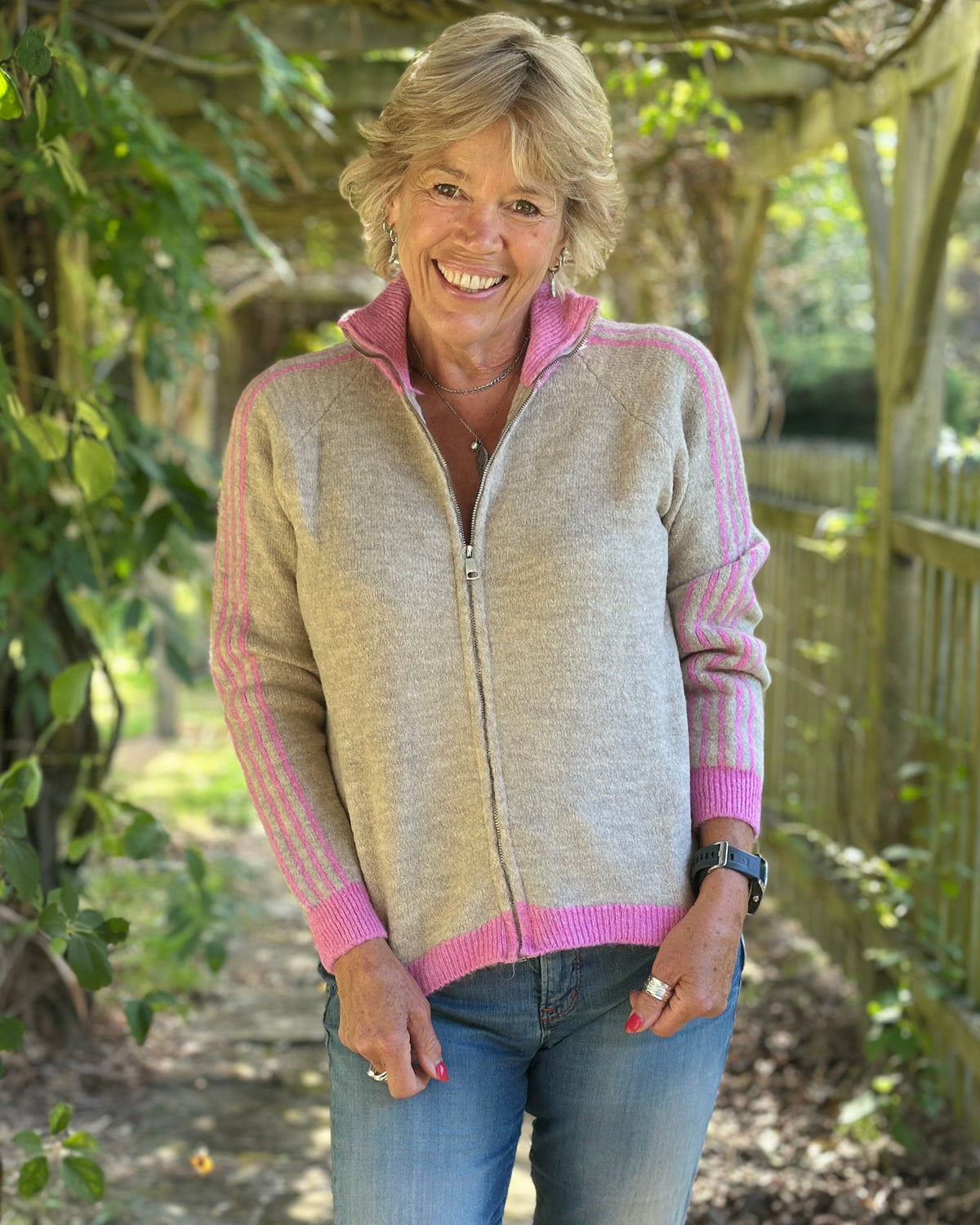 Clothing Striped Sleeve Zip Cardigan - Pink/Beige