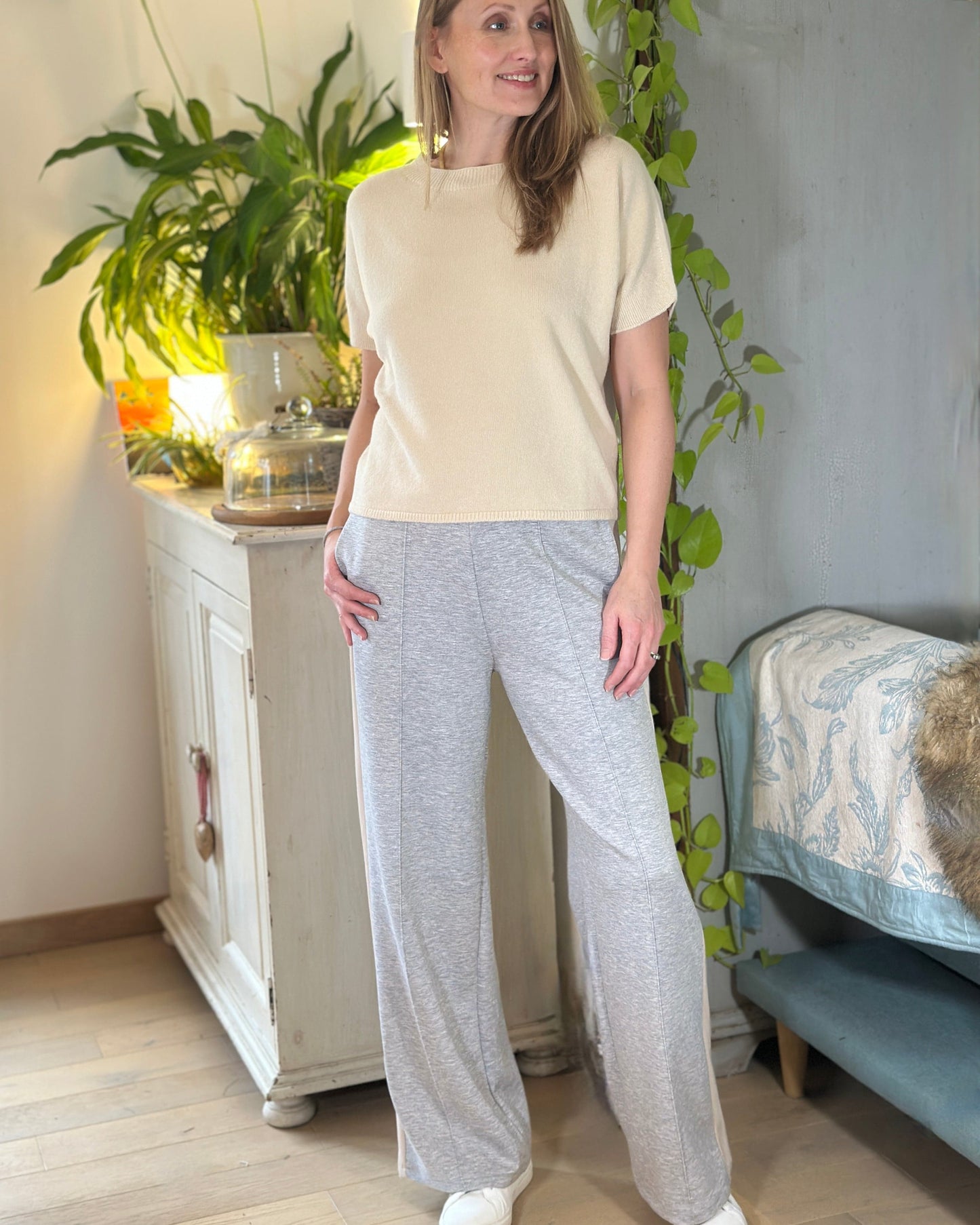 Clothing Striped Wide Leg Joggers - Pale Grey Marl/Beige