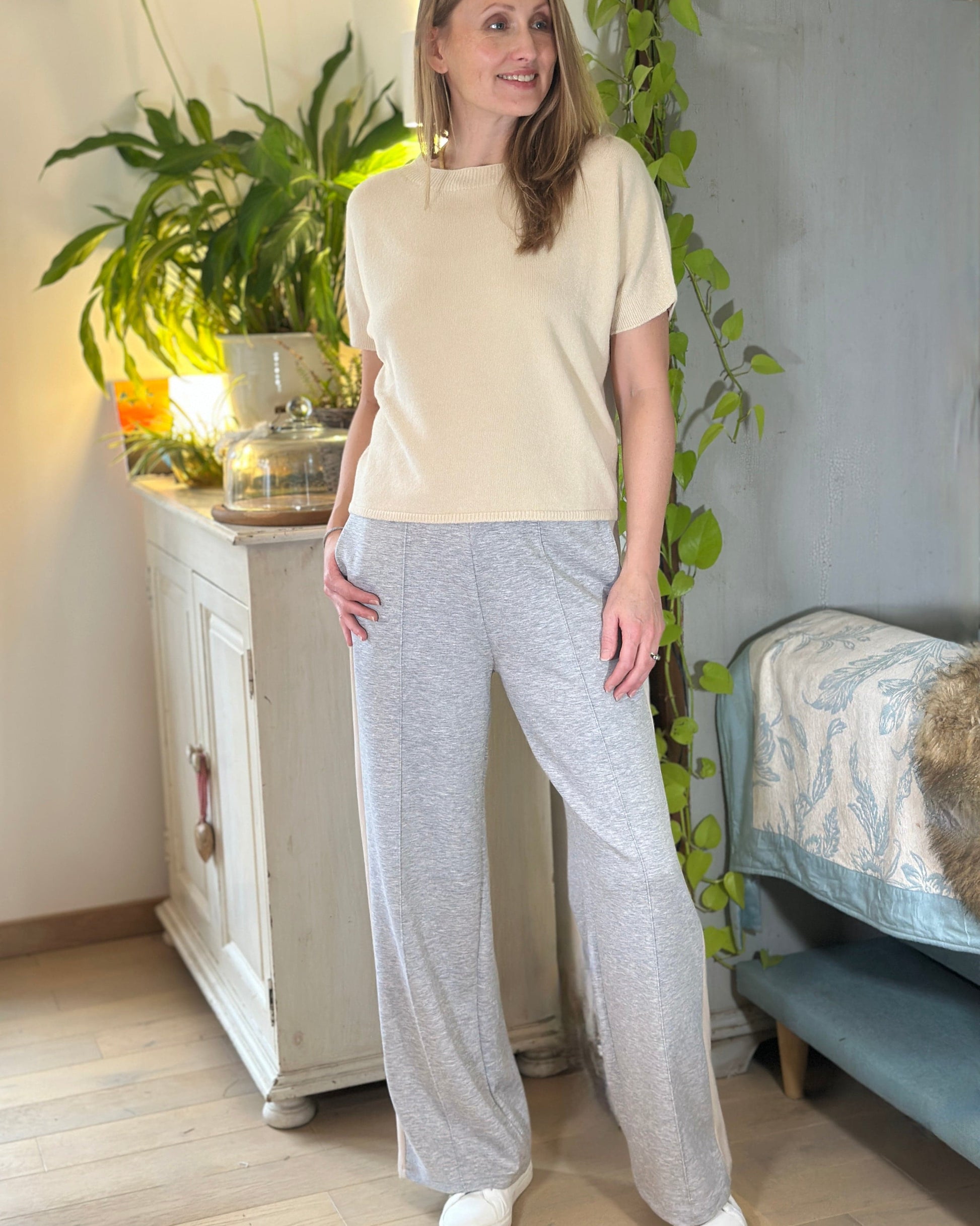 Clothing Striped Wide Leg Joggers - Pale Grey Marl/Beige