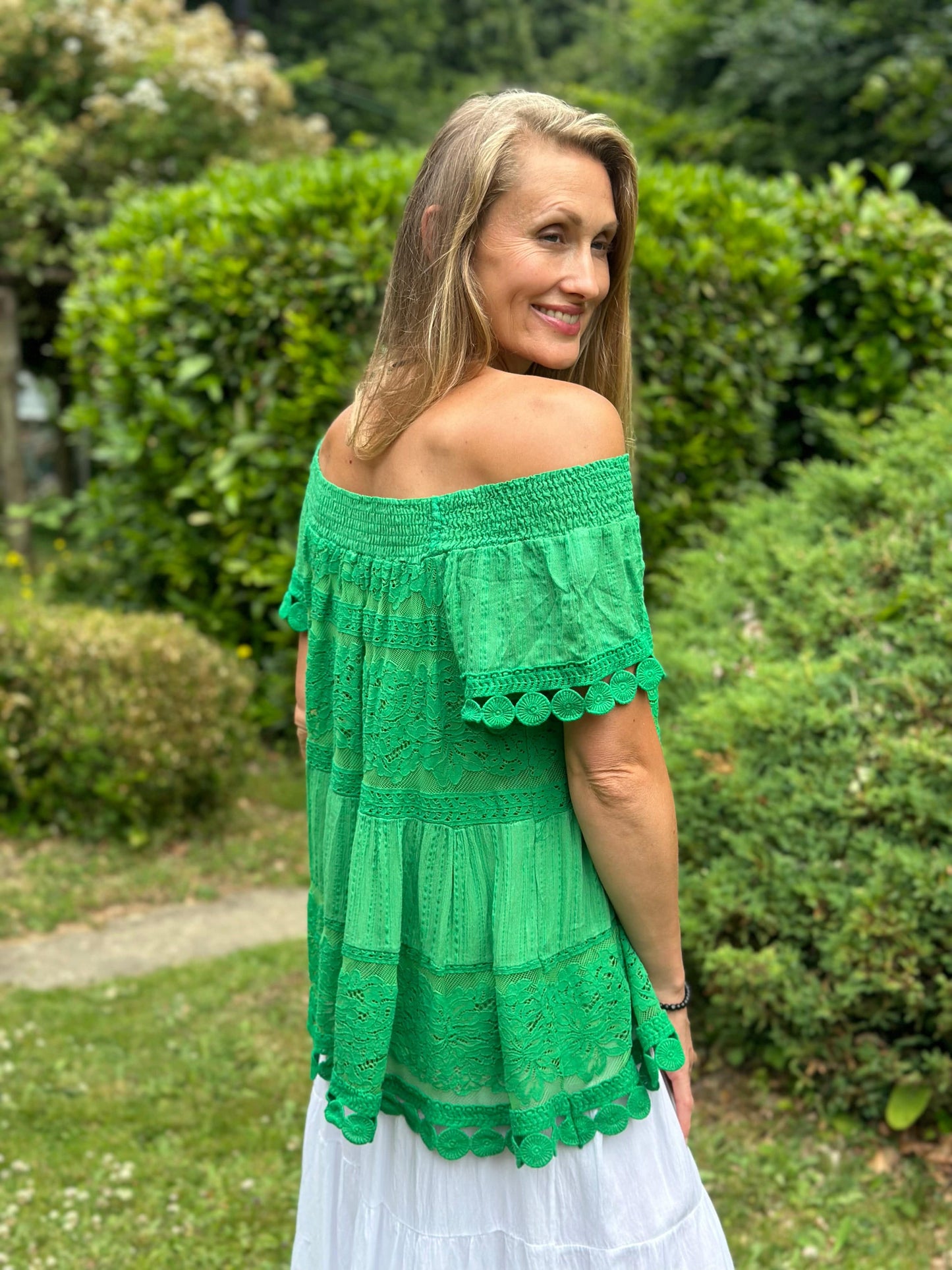 clothing Tiered Lace Bardot top - Emerald Green