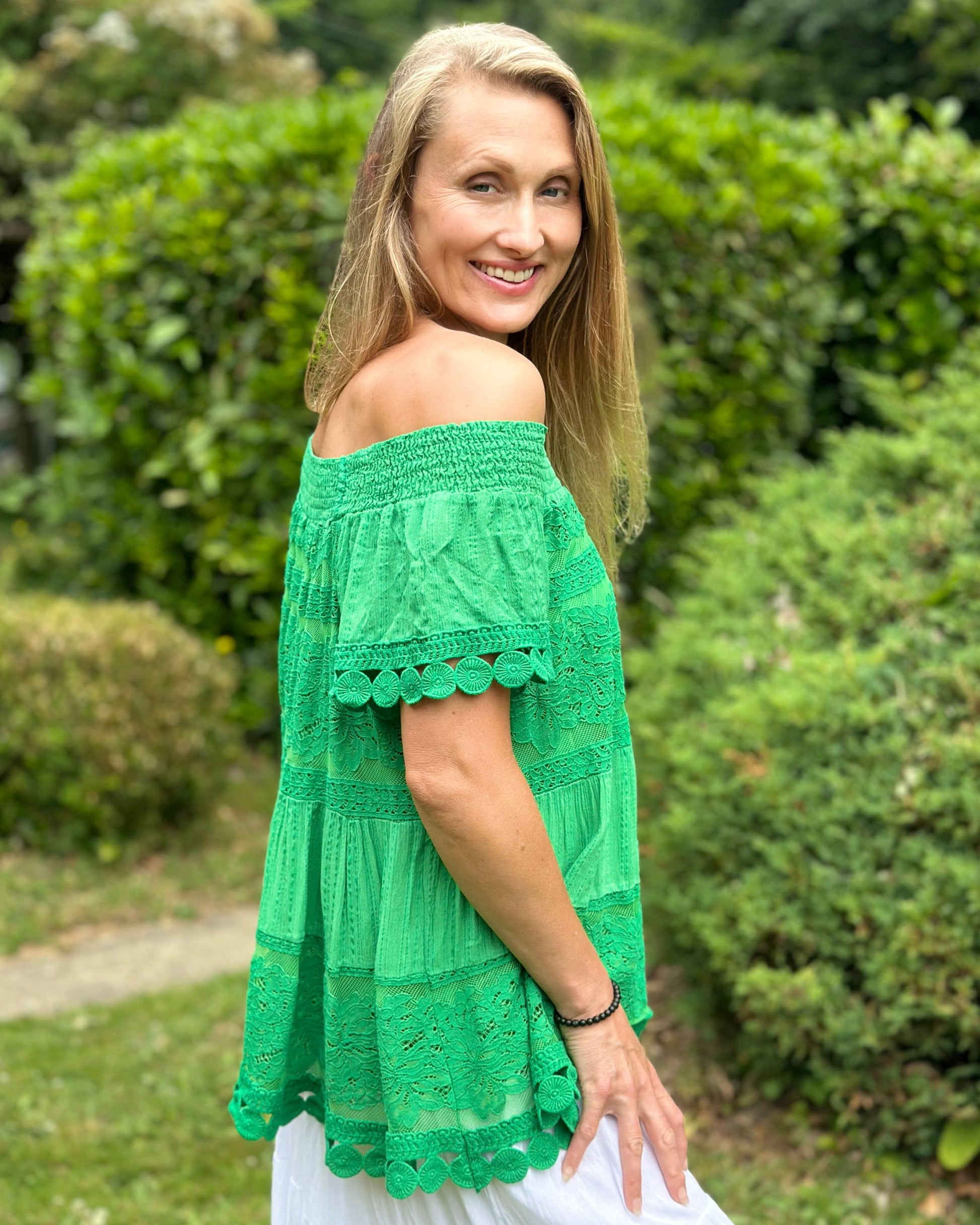 clothing Tiered Lace Bardot top - Emerald Green