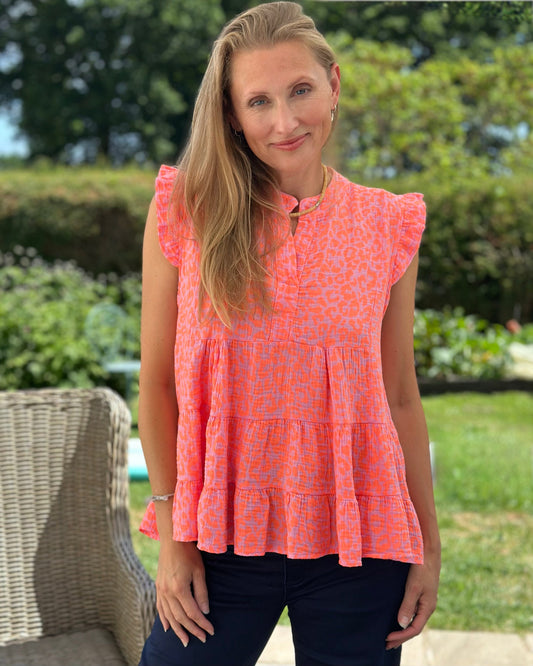 Clothing Tiered Small Leopard Print Top - Neon Orange/Pink