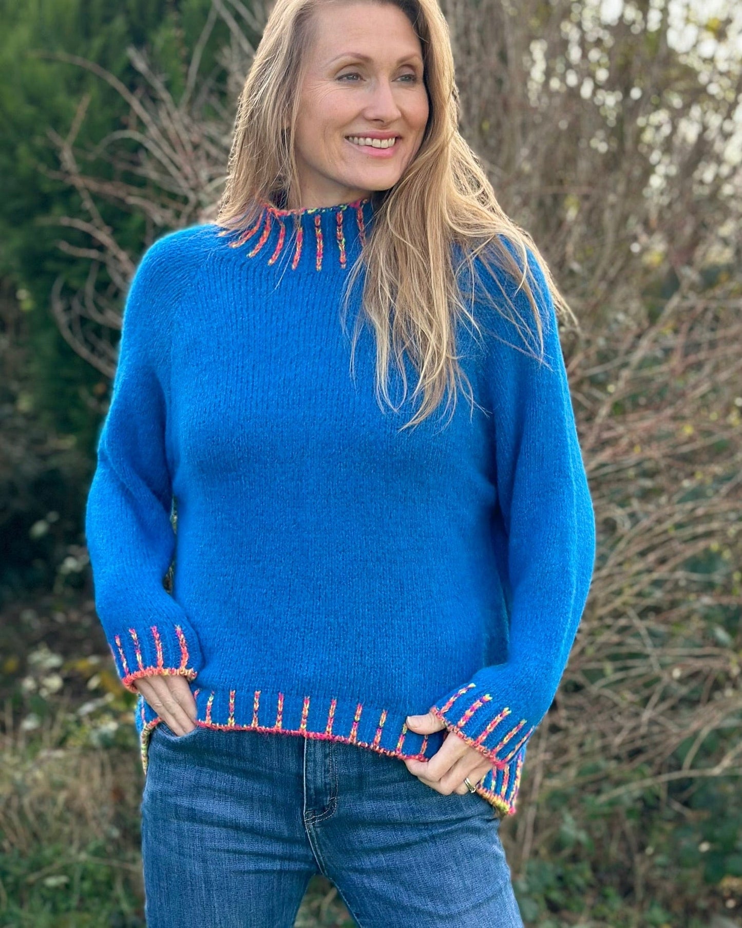 clothing Turtle Neck Jumper With Contrast Stitching - Cobalt Blue