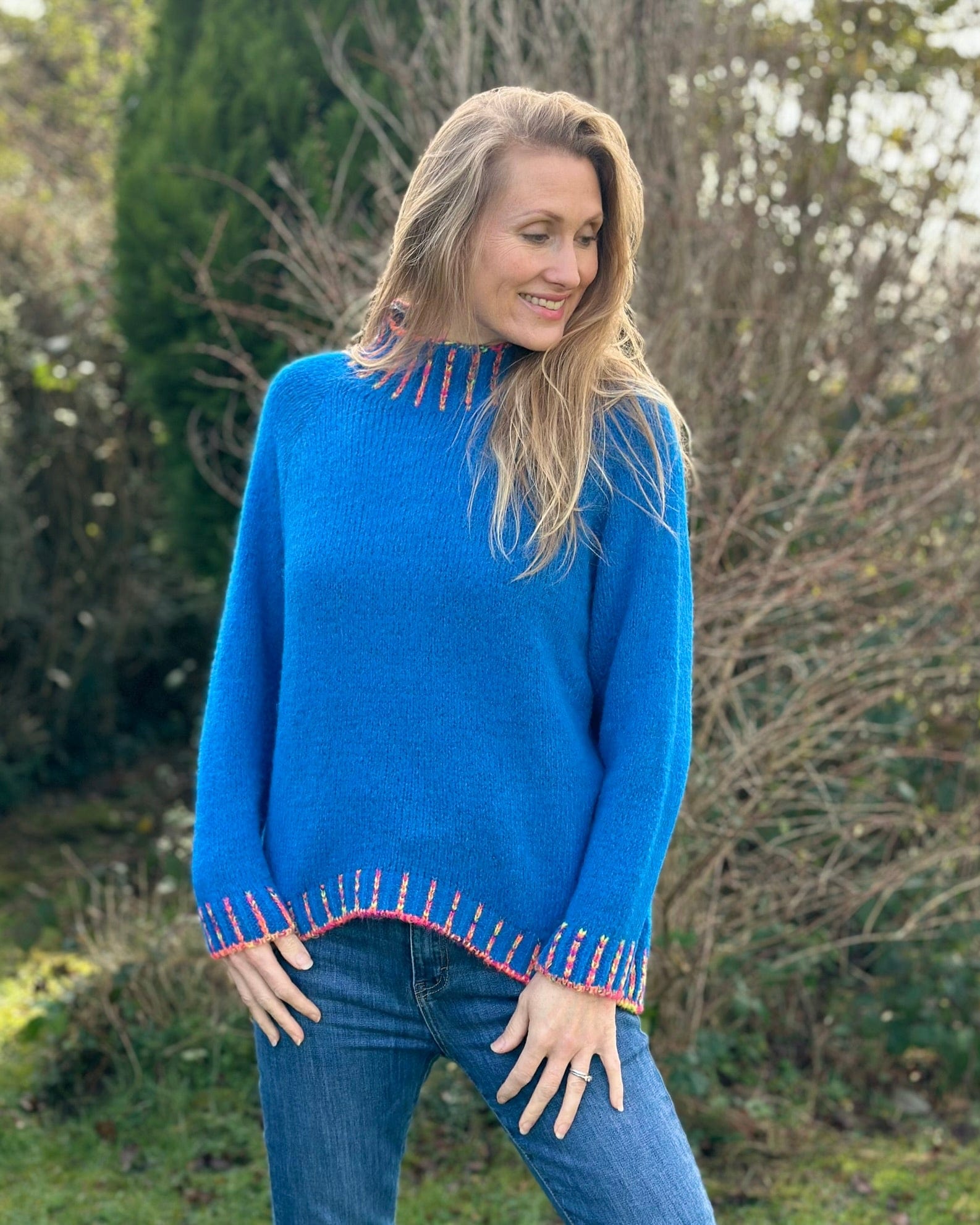 clothing Turtle Neck Jumper With Contrast Stitching - Cobalt Blue