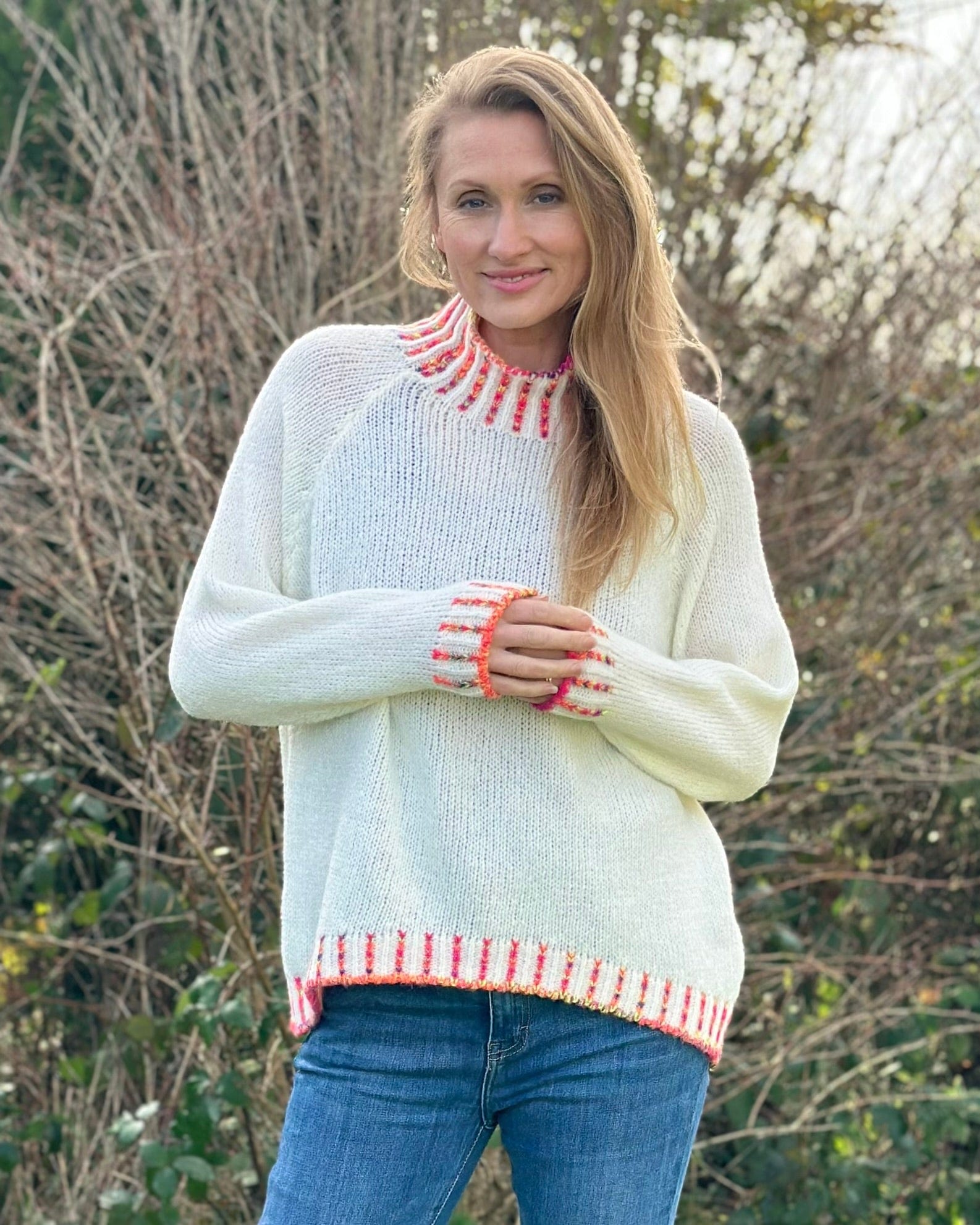 clothing Turtle Neck Jumper With Contrast Stitching - Cream