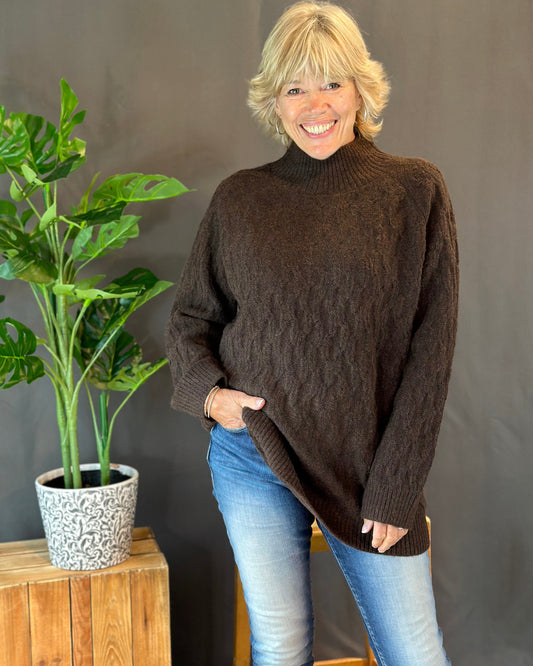 clothing Tweed Textured Knit Turtle Neck Jumper - Chocolate Brown