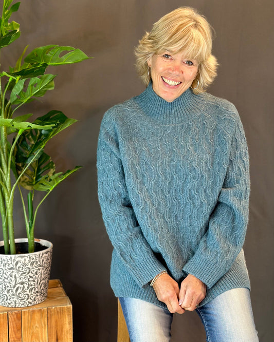 clothing Tweed Textured Knit Turtle Neck Jumper - Sea Blue