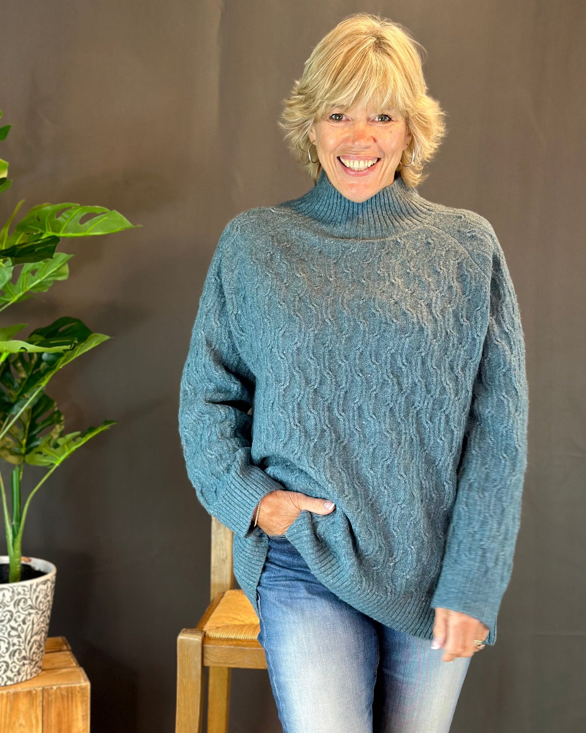 clothing Tweed Textured Knit Turtle Neck Jumper - Sea Blue