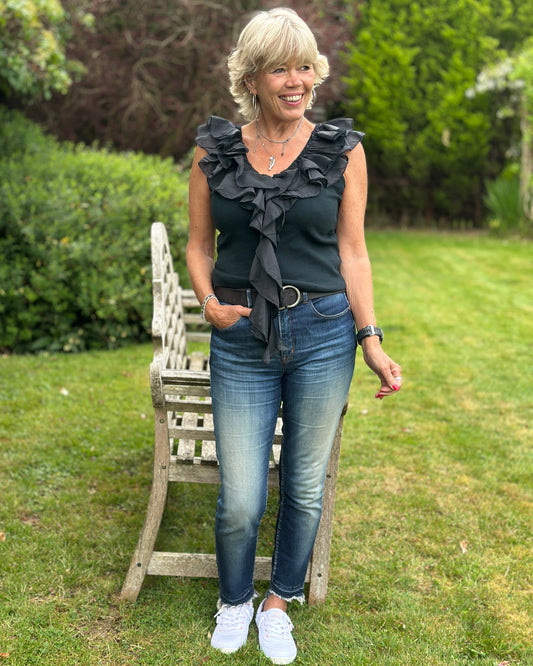 Clothing V-Neck Frill Ribbed Vest Top - Black