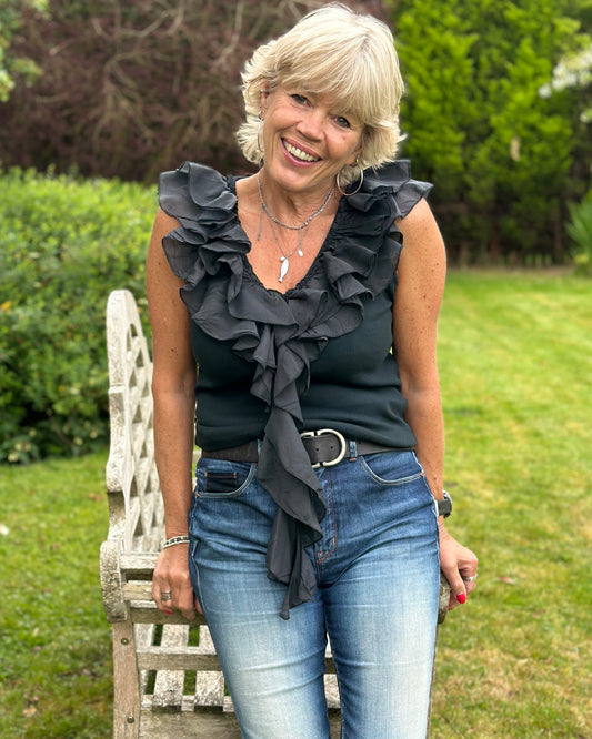 Clothing V-Neck Frill Ribbed Vest Top - Black
