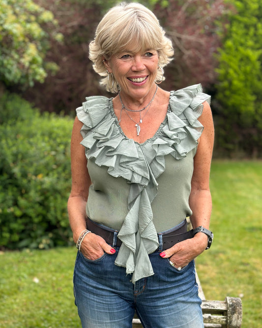 Clothing V-Neck Frill Ribbed Vest Top - Khaki