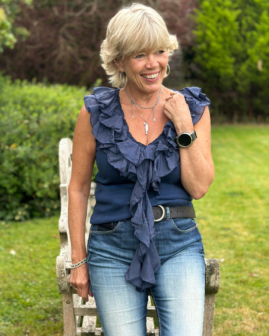 Clothing V-Neck Frill Ribbed Vest Top - Navy