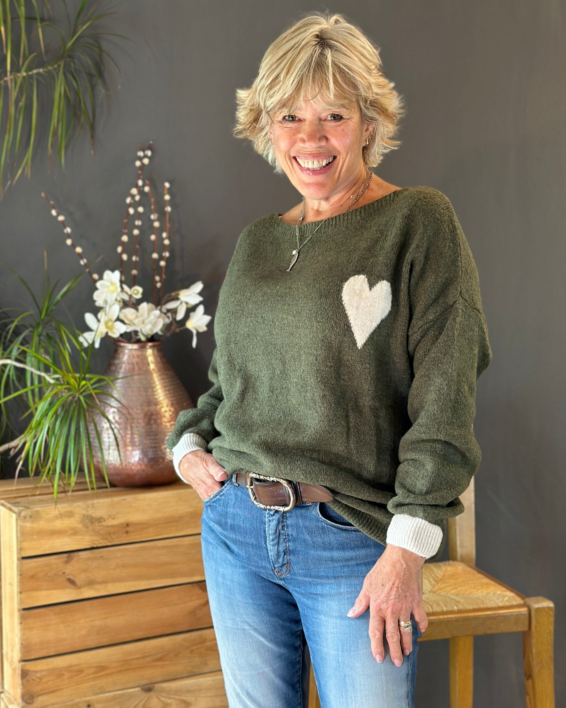 Clothing V-Neck Heart Motif Jumper - Khaki