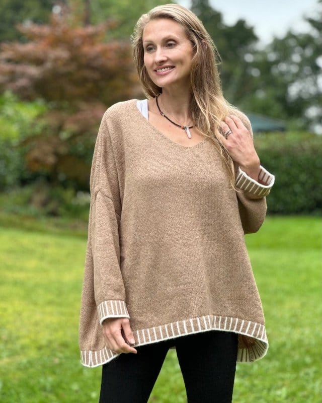 clothing V-Neck Jumper With Contrast Stitching - Coffee