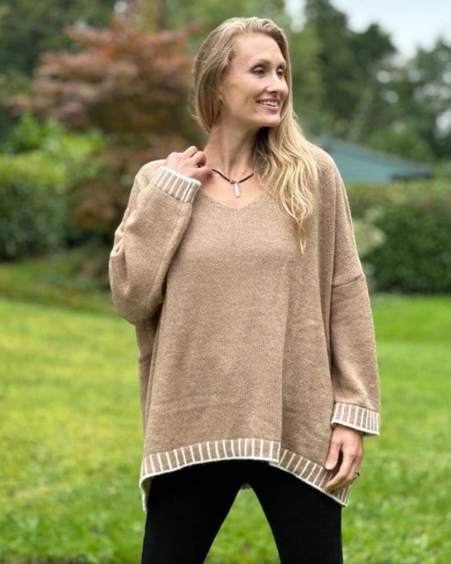 clothing V-Neck Jumper With Contrast Stitching - Coffee