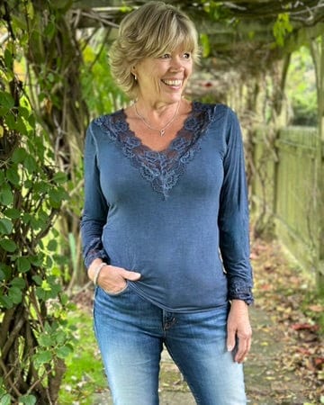 clothing V-Neck Lace Detail Long Sleeved Top - Dark Denim