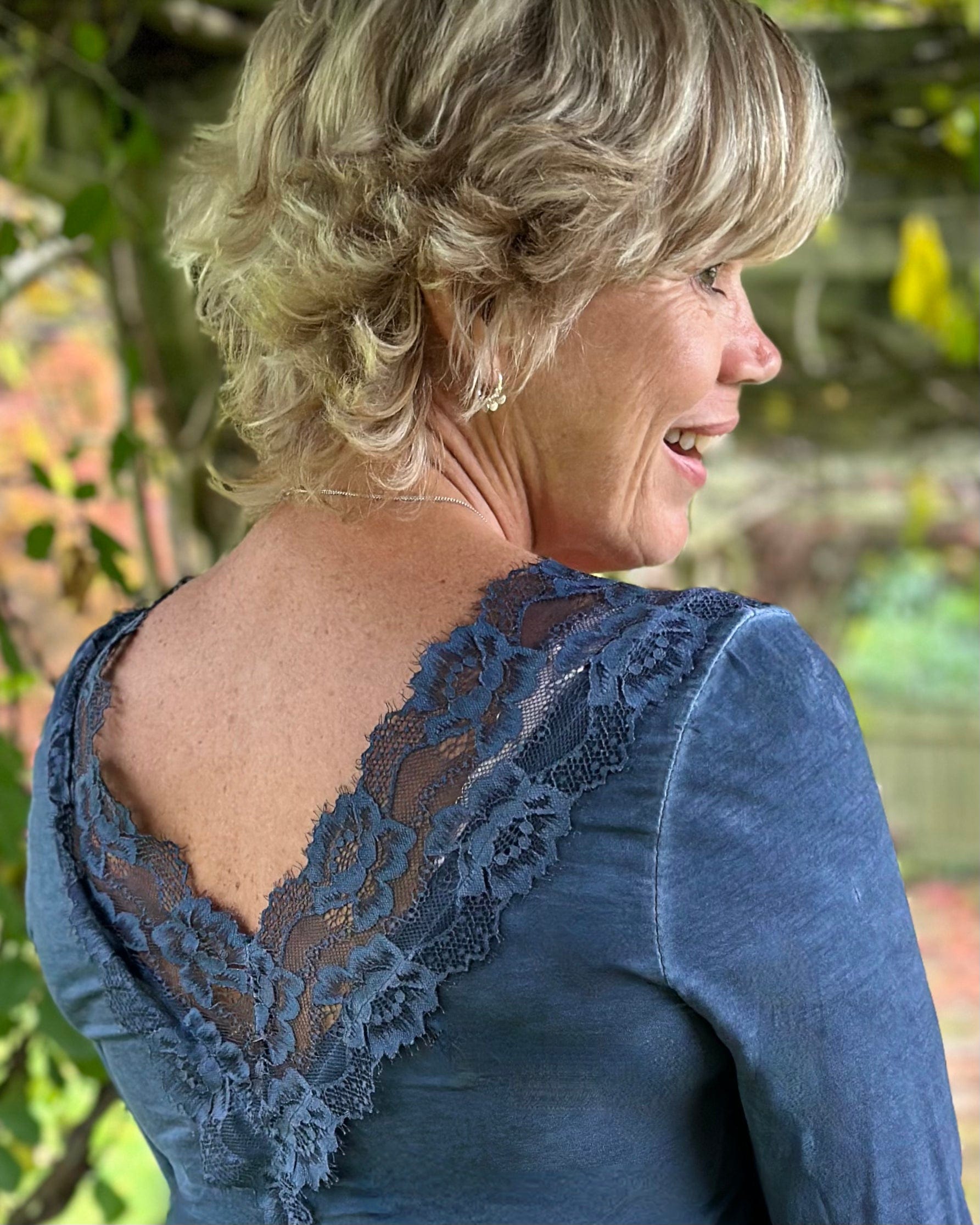 clothing V-Neck Lace Detail Long Sleeved Top - Dark Denim